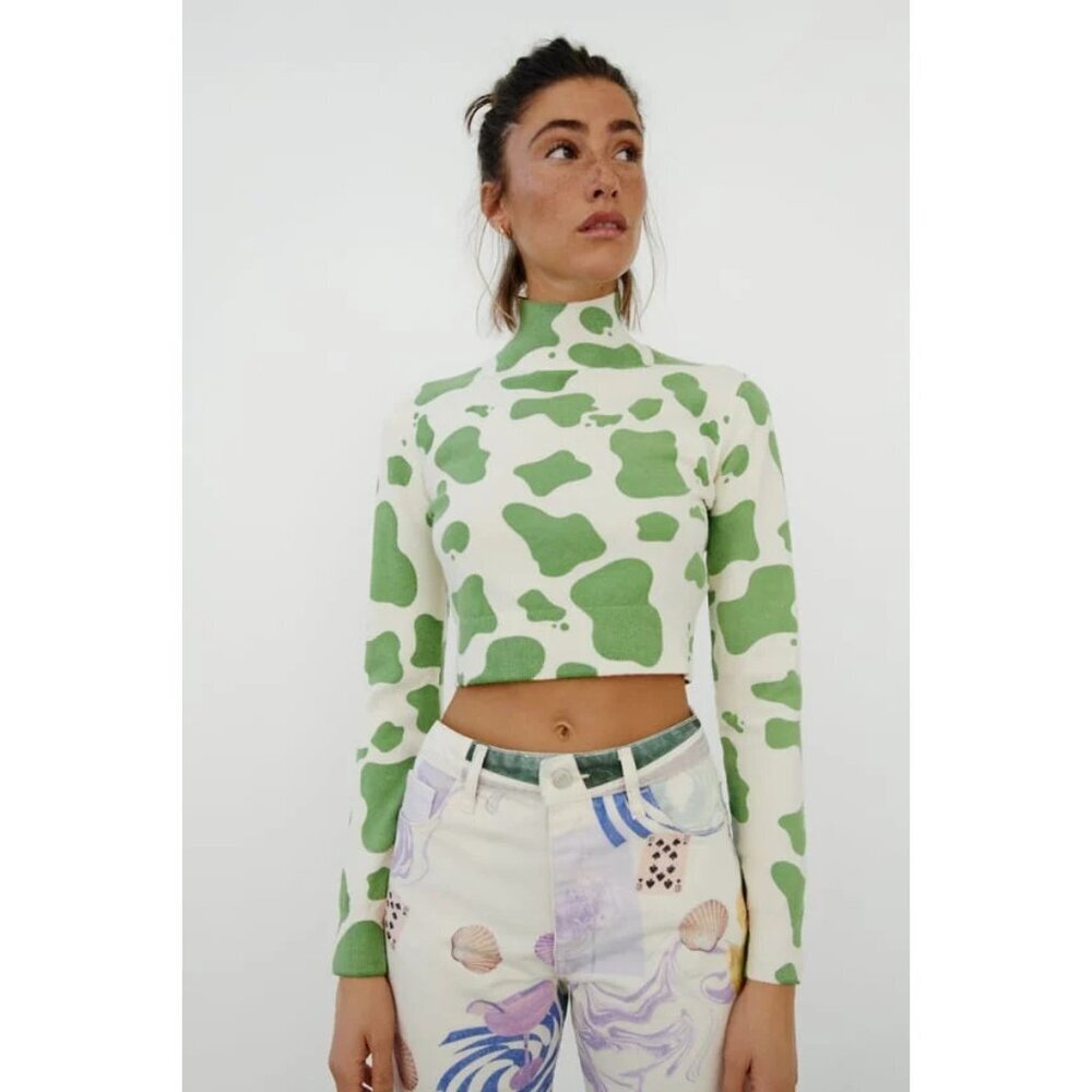 NWOT Zara off white ecru and green animal print wool blend sweater top, M